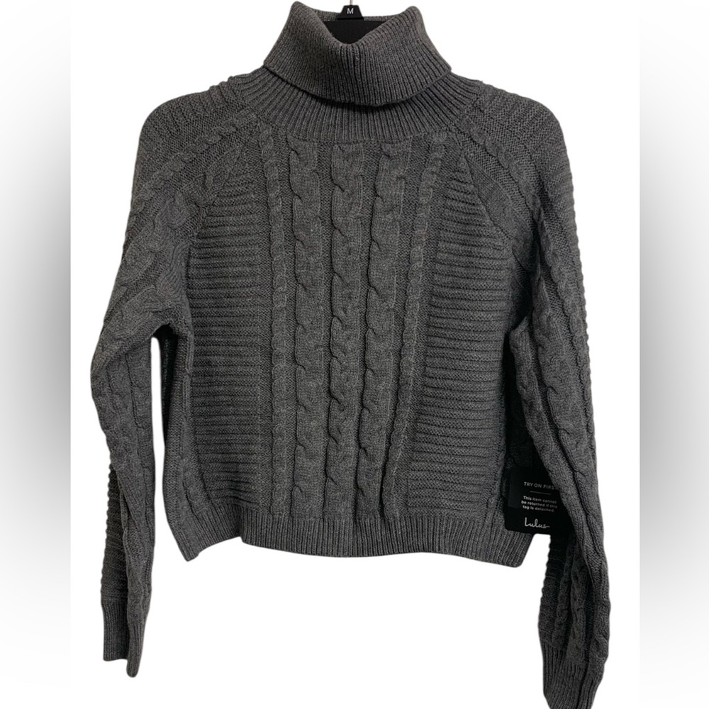 NWT Lulus L Heavy Knit Gray Fisherman Turtleneck Cropped Pullover Sweater